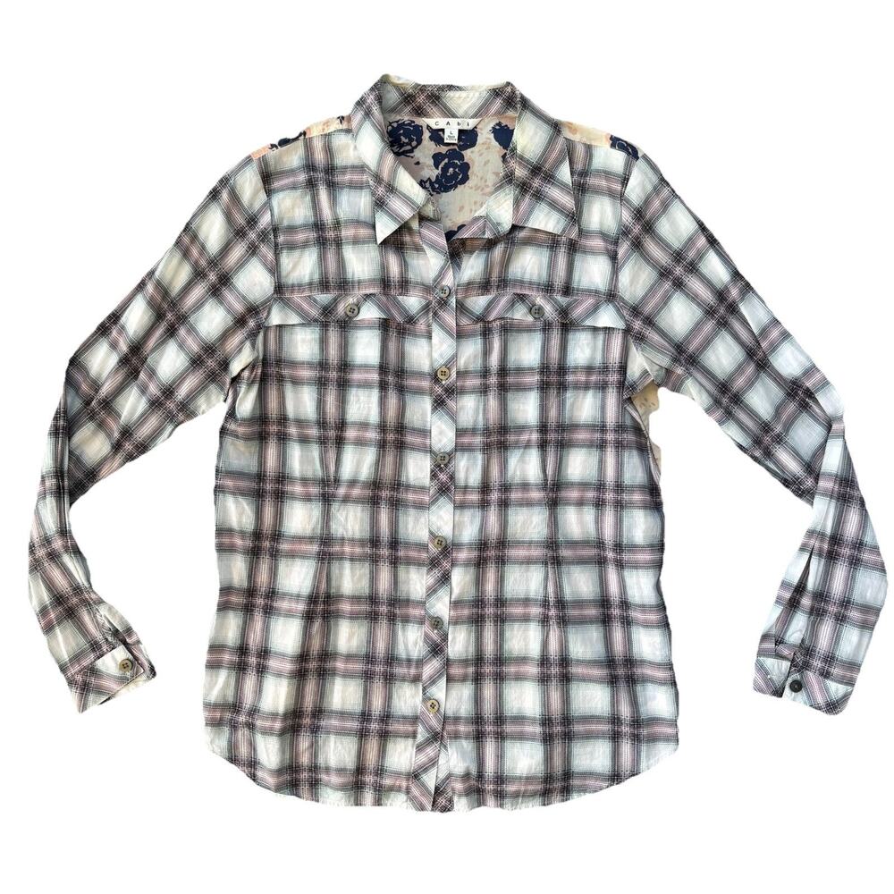 CAbi Size Large Gingham Checkered Button Down Flannel Floral Flower Back Large